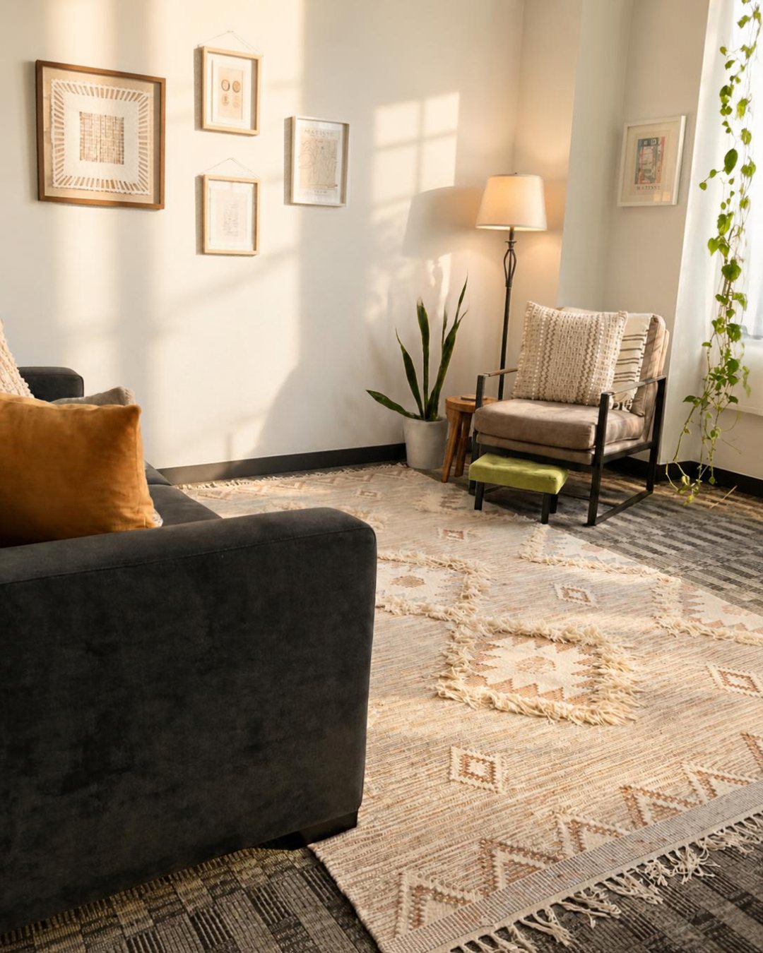 Therapy office with a charcoal sofa, an armchair, a floor lamp and plants in warm light